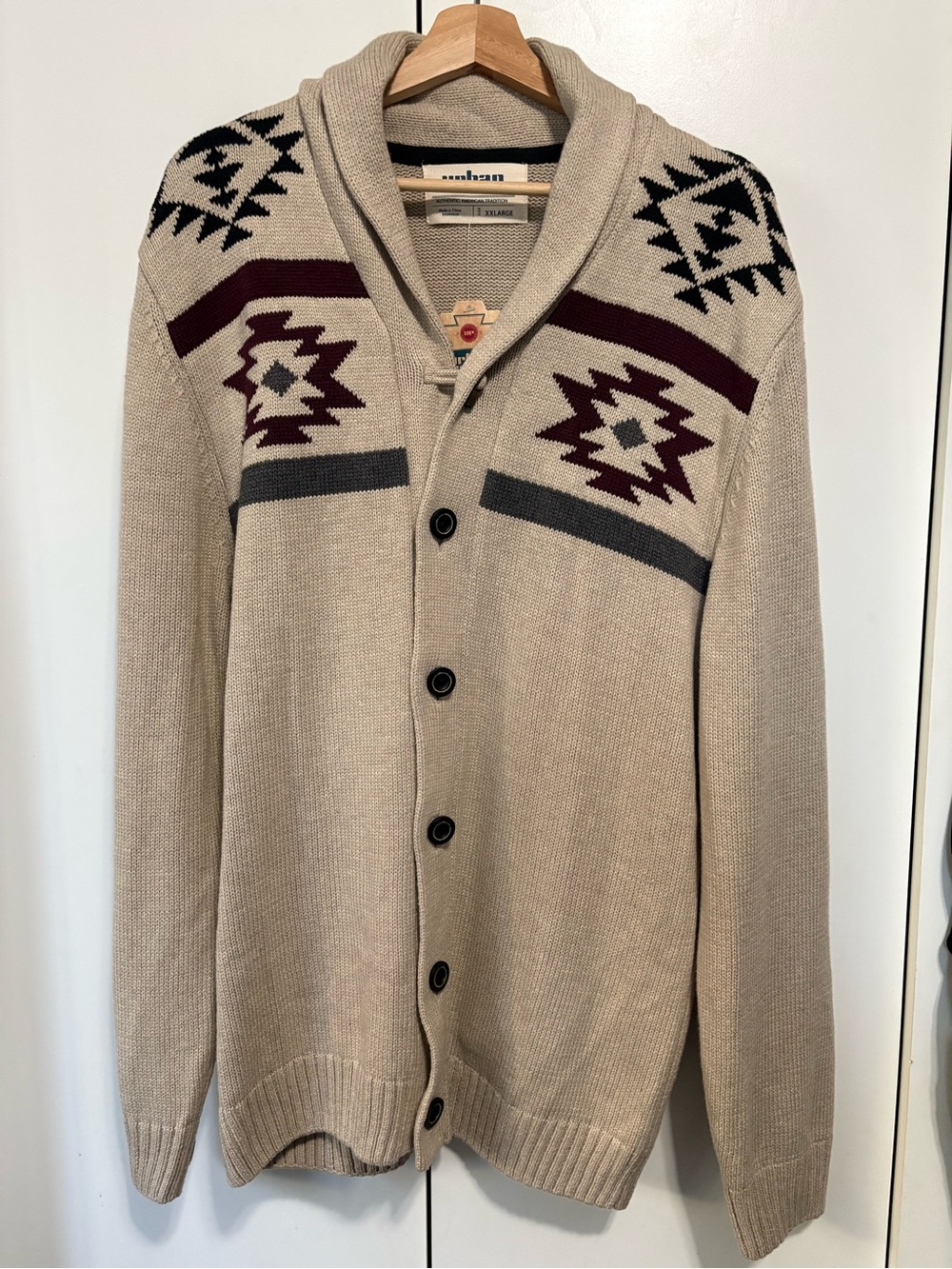 NWT urban pipeline Beige Shawl Collar Cardigan with Burgundy and Charcoal Aztec